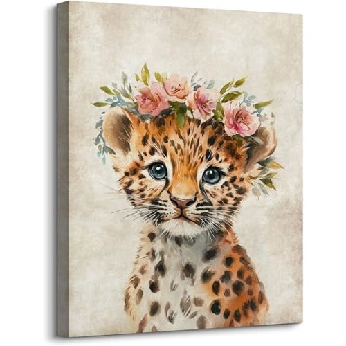 Nursery Wall Decor Lovely Baby Leopard with Garland Pictures Print on Canvas Cute Animal Portrait Poster Artwork for Gallery Toddler Room Bedroom Home Decoration, 12x16 Inches Framed Wall Art