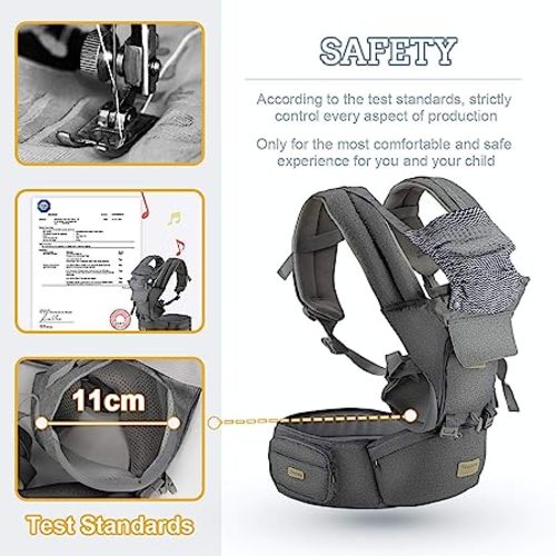 FRUITEAM 6-in-1 Baby Carrier with Waist Stool, One Size Fits All -Adapt to Newborn, Baby Hip Carrier for Breastfeeding, Infant & Toddler - Dark Gray