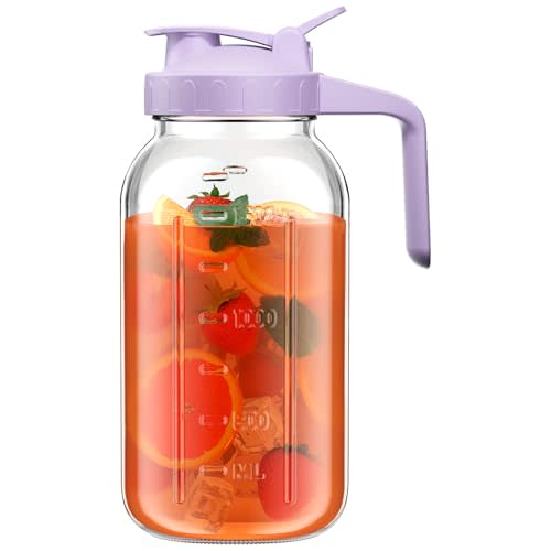 64 oz Glass Pitcher with Lid, Large Wide Mouth Mason Jar with Pour Spout, Purple Sun Tea Glass Jar for Outside, Juice Pitcher Great for Drink, Cold Beverages and Breast Milk