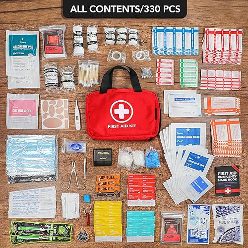 330 Piece First Aid Kit, Premium Waterproof Compact Trauma Medical Kits for Any Emergencies, Ideal for Home, Office, Car, Travel, Outdoor, Camping, Hiking, Boating (Red)