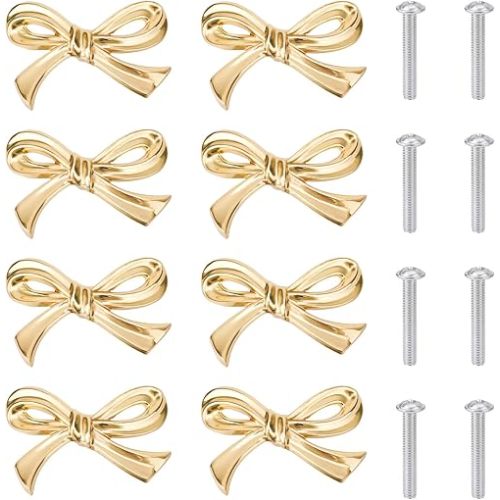 6pcs Bow Shape Cabinets Knobs, Brass Bow Furniture Door Pulls Vintage Gold Drawer Knobs Decorative Bow Dresser Handle Gold Bow Hardware for Dresser Home Kitchen Cupboard Drawer Wardrobe Pulls