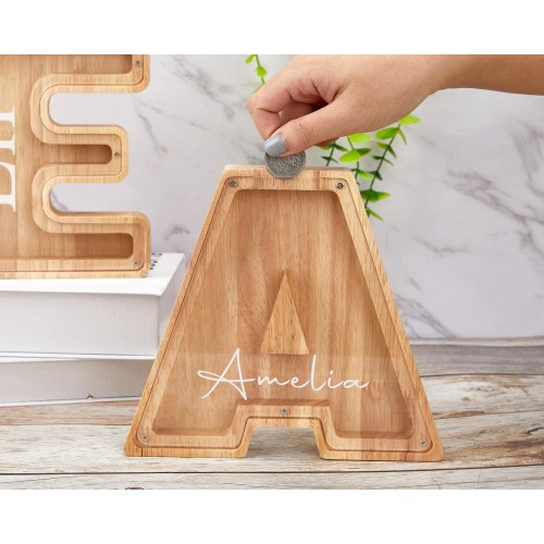 Personalized Large Wooden Kids Letter Piggy Bank, Wood Gift For Kids, Custom Name Coin Bank, Wood Alphabet Letter Bank Money Box Birthday