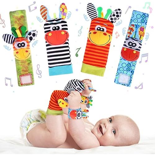 Wrist Rattle Foot Finder Socks Set for Baby Arm Hand Bracelet Rattle Feet Leg Ankle Socks Newborn Soft Sensory Toys Baby Socks Newborn Rattles Toys Baby Gifts 0-3 6-12 Months Infant Girl Boy