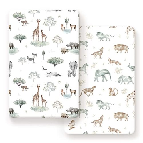 Stretchy Ultra Soft Jersey Knit Fitted Pack n Play Sheets Set 2 Pack, Portable/Mini Crib Sheets for Boys and Girls, Stylish Playard Sheets Fitted Safe and Snug, African Savannah Animals Pattern