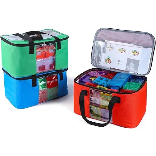 Toy Carry Case, 3PCS Toy Storage Organizer Bag for Magnetic Tiles, Portable Toys Travel Bag With Labels, Handles & Pockets For Magnet Building Tiles, Travel Case for Magnetic Blocks