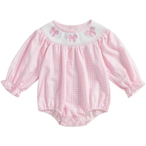 Newborn Infant Baby Girl Bubble Romper Bow Embroidery Plaid Puff Long Sleeve Smocked Bodysuit Cute Fall Clothes
