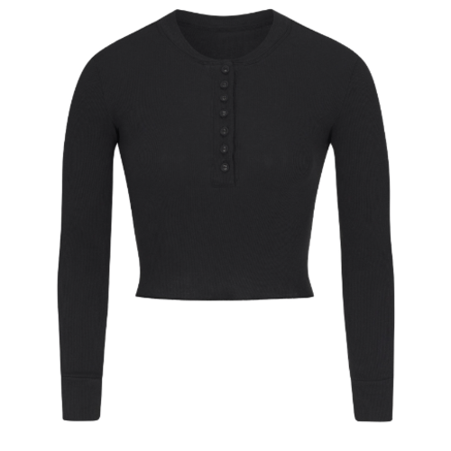 COTTON RIB LONG SLEEVE CROP HENLEY | SOOT