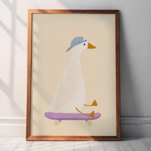 Silly Goose Wall Art, Skateboarding Duck Print, Nursery Decor, Kids Room Wall Decor, Playroom Art, Gender Neutral Nursery, Girl's Room Art