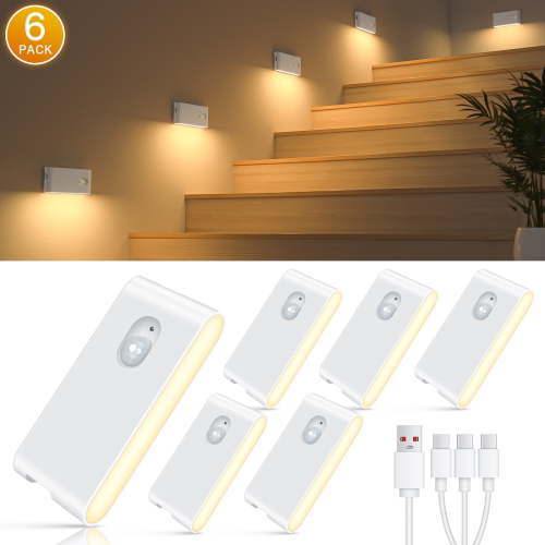 WILLED Rechargeable Motion Sensor Night Lights, Battery Operated Stair Lights Indoor, Soft Warm White Stick on Motion Activated LED Night Lights for Hallway Stairway Bathroom Bedroom Kitchen, 6 Pack
