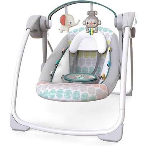 Bright Starts Portable Automatic 6-Speed Baby Swing with Adaptable Speed, Taggies, Music, Removable-Toy-Bar, 0-9 Months 6-20 lbs (Whimsical Wild)