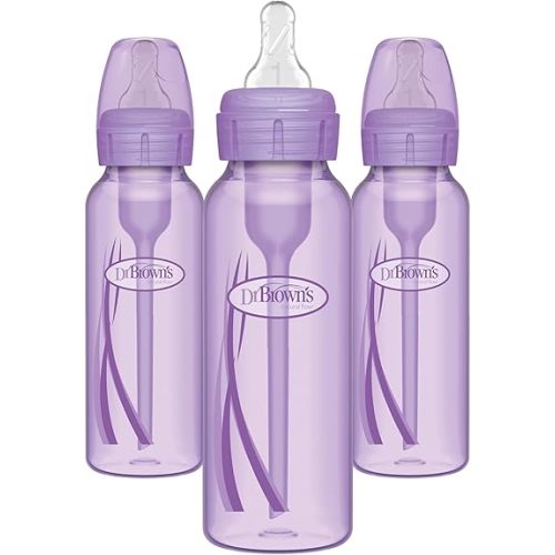 Dr. Brown’s Natural Flow® Anti-Colic Options+™ Narrow Baby Bottles 8 oz/250 mL, with Level 1 Slow Flow Nipple, 3 Pack, Purple, 0m+