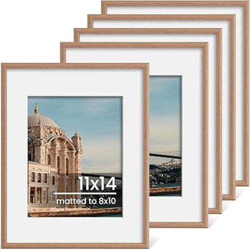 11x14 Picture Frame Set of 5, Display Pictures 8x10 with Mat or 11x14 Without Mat 11 by 14 Photo Frames Wall and Tabletop Display, Oak Woodgrain