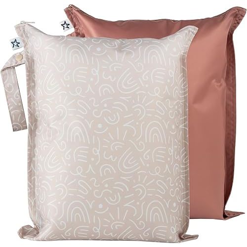 Tiny Twinkle Mess-proof Wet Bags 2 Pack Waterproof and Washable Bag for Travel storage, Stroller, Daycare, Baby Diapers, Yoga, Beach, Pool, Wet Toddler Swimsuits (Zen Garden,Taupe)