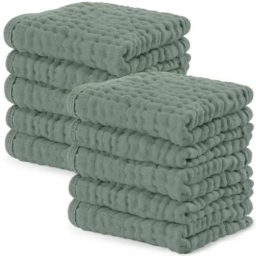 Comfy Cubs Muslin Baby Washcloths 10 Pack - Soft 6-Layer Cotton Wash Cloths for Sensitive Skin - 10"x10" Large, Gentle, Absorbent Infant Essentials for Newborn and Toddlers - Fern