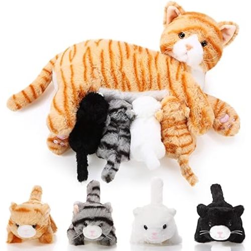 Skylety Nurturing Cat Stuffed Animal with 4 Plush Kittens, Cat Baby Stuffed for Girls and Boys Plushy Mommy Kitty with Baby Kittens for Birthday Party Favors Gifts(Cute Style)