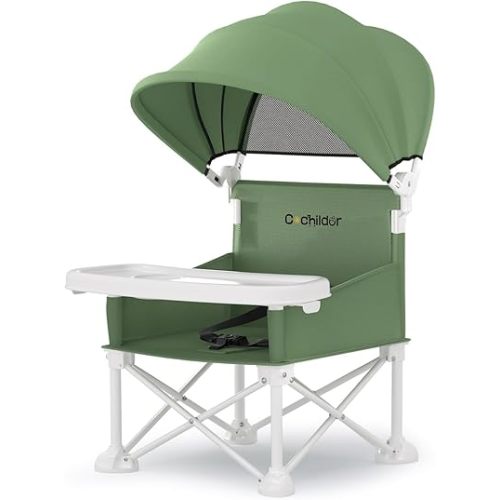 4-in-1 Portable Baby Chair, Foldable Toddler Booster Seat with Removable Tray, Canopy & Safety Harness, Green