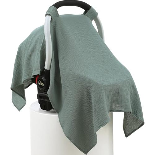 100% Muslin Cotton Car Seat Cover Baby, Carseat Canopy Cover, Universal Fit Stroller Covers for Boys and Girls (Roman Green)