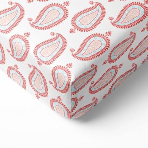 Bacati - Paisley Printed Coral Aqua Teal 100 Percent Cotton Universal Baby Us Standard Crib Or Toddler Bed Fitted Sheet
