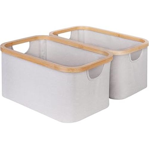 Storage Baskets for Organizing, Fabric Storage Bins with Bamboo Handles, Collapsible Storage Baskets for Shelves and Closet, Light Grey Set of 2