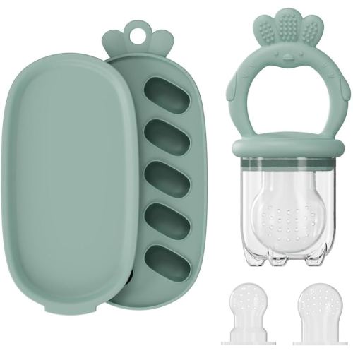 Baby Food Fruit Feeder, Breastmilk Baby Popsicle Molds, Silicone Teether Freezer Tray Food Feeder Pacifier for Teething Relief (Green)