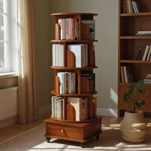 5 Tier Rotating Bookshelf with Cabinet On Wheel, 360° Display Spinning Corner Book Shelf Tower, Narrow Tall Bookshelves, Small Revolving Bookcase, Wooden Book Shelf Standing Storage Rack