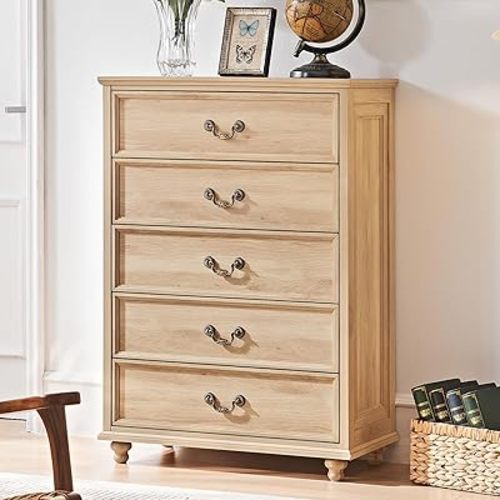 Joaxswe Farmhouse 5 Drawer Dresser for Bedroom, 45" Tall Vinatge Chests of Drawers w/ 4 Solid Gourd Feet, Mid Century Modern Boho Wood Closet Storage Dressers Organizer for Living Room, Natural Oak