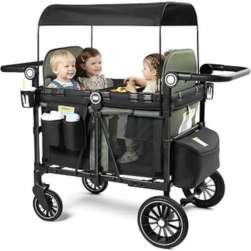 Kinder King Wagon Stroller for 4 Kids, All-Terrain Foldable Outdoor Stroller Wagon 4 Seater, Removable Canopy, Adjustable Handle, Shock-Absorbing Wheel, Detachable Tray, Large Storage, Green