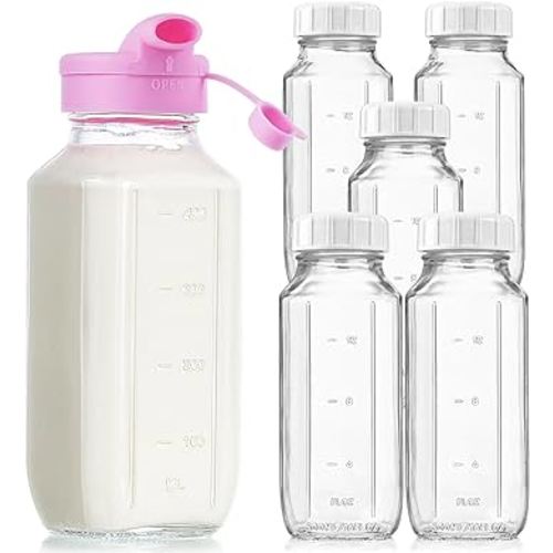 16 Oz Square Glass Milk Bottles with A Silicone Cover, 6 Pack Glass Bottles for Juicing with Airtight Lids, Glass Drinking Bottles with Lids and Scale Mark, Easy to Carry