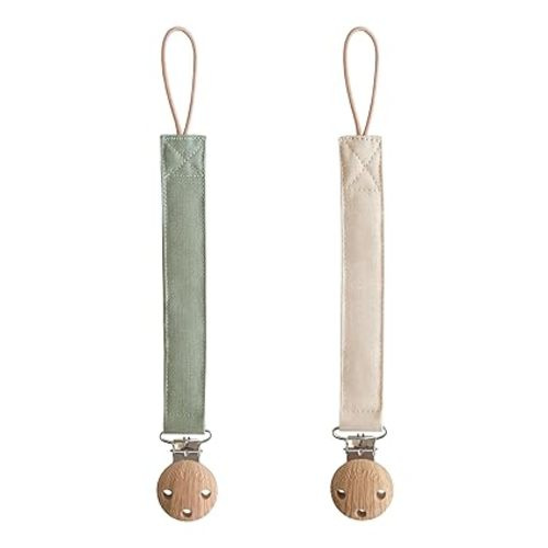 mushie Linen Baby Pacifier Clip Holder (Olive/Shifting Sand)