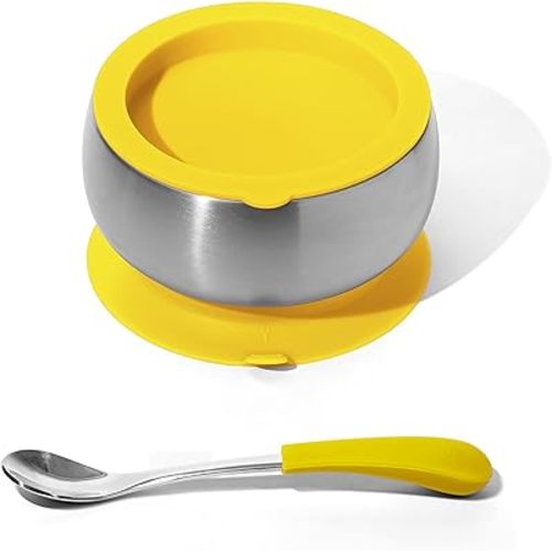 Avanchy Stainless Steel Baby Bowl with Spoon, Storage Lid and Removable Silicone Suction Base – Non-Toxic, BPA-Free Feeding Bowl for Babies and Toddlers