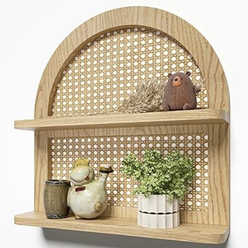 Wood Boho Rattan Wall Shelf - 2-Tier Arched Wicker Floating Shelf Natural Wood New Boho Shelf, Rustic Farmhouse Nursery Decor Shelves Wall Mounted, Neutral Handcrafted (16''l Natural Color)