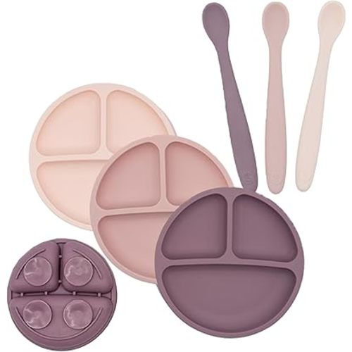 WeeSprout 3 Suction Plates & 3 Soft-Tip Spoons Bundle - Complete Mealtime Set - Silicone Baby Dinnerware - Divided Toddler Plates - Microwave & Dishwasher Safe