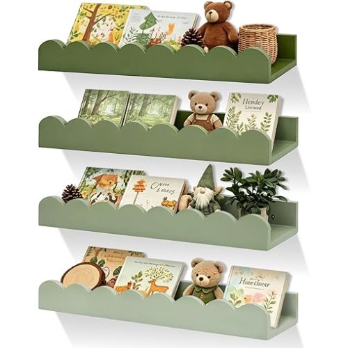 AnyDesign 4Pcs Sage Green Floating Shelves for Wall Gradient Green Scalloped Wall Book Shelf Wooden Hanging Display Stand for Home School Office Nursery Kindergarten Bedroom Decor