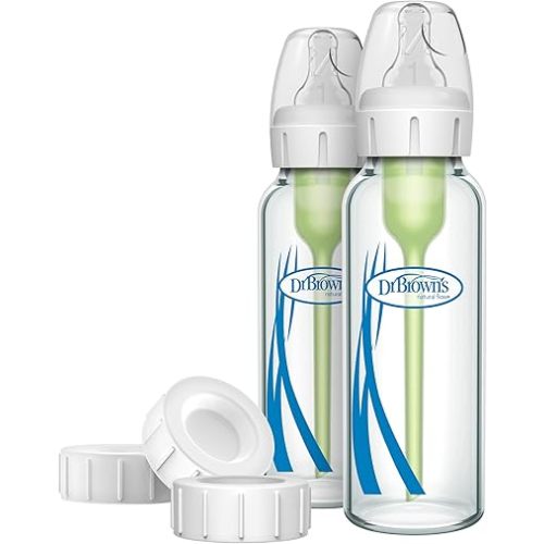 Dr. Brown's Natural Flow Anti-Colic Options+ Narrow Glass Baby Bottle 8 oz/250 mL & Travel and Storage Baby Bottle Caps for Natural Flow and Options+ Baby Bottles - 3-Pack - Narrow