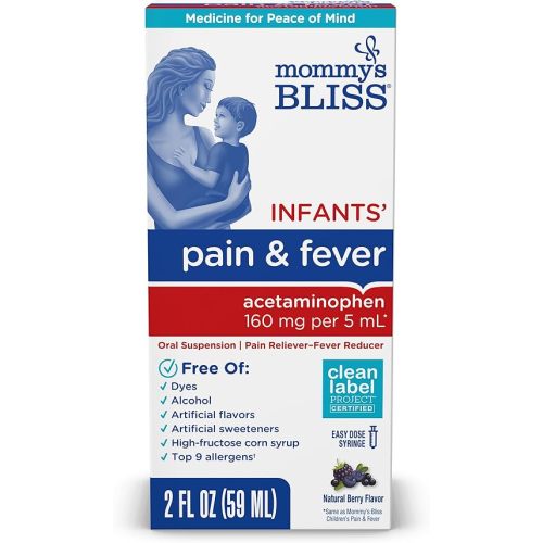 Mommy's Bliss Infants' Pain and Fever Reducer, Baby Acetaminophen, Dye Free, Delicious Mixed Berry Flavor, Ages 2+, 2 Fluid Ounces
