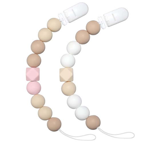 Pacifier Clip Baby Girls Binky Holder Soothie Paci Clip Silicone Bead Teething Relief Teether Toy Baby Birthday Christmas Set of 2 (Pink, Beige)
