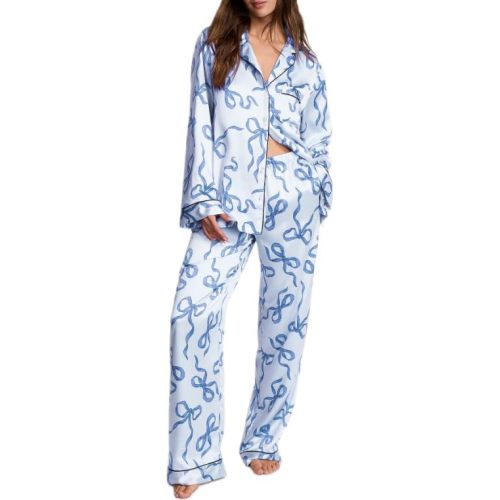 Christmas Bow Pajamas for Women Silk Satin Nutcracker Santa Cute Pjs Long Sleeve Button Lounge Shirt Pj Pants Sets