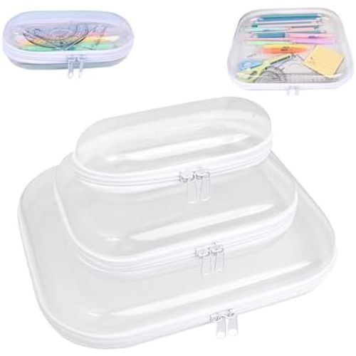 Clear Hard Shell Zipper Case,3PCS Transparent Clear Zipper Pouches,Hard Side Plastic Zipper Pencil Case Set,Portable Travel Storage Organizer Bins