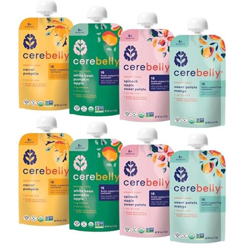 Cerebelly Organic Baby Food Pouches Variety Pack – Organic Veggie Purees for Toddlers | No Added Sugar, Fiber, Non-GMO | Blended Toddler Pouches | 4 Ounce BPA-Free Pouch | 4 Flavors | 8 Count