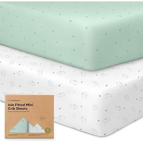 Pack and Play Sheets Fitted - 2-Pack Mini Crib Sheets for Pack N Play Mattress, Soft & Cozy, Neutral Toddler Playard Bedding, Snug Fitted Mini Baby Crib Mattress Cover Set for Boys, Girls (Bunnies)