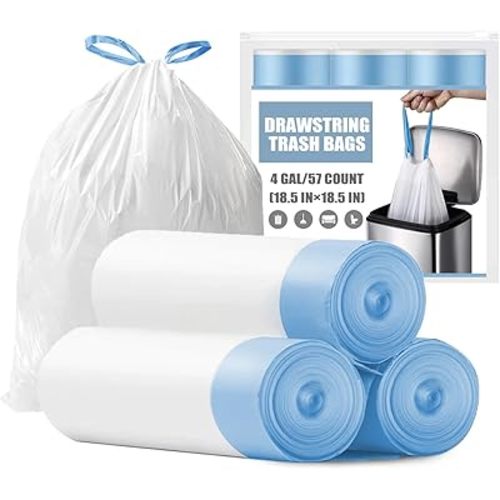 Small Trash Bags 4 Gallon - Drawstring 4 Gallon Trash Bag, Tear-Free 4 Gal Small Garbage Bags, Separated Unscented White Small Trash Bags Bathroom Trash Bags, 57 Count