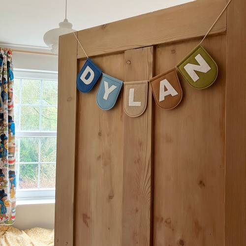Large Boho Personalised Felt Garland - Land & Sea Customised Nursery Decor Kids Room Decoration - Blue, Brown, Green Felt Flag Name Bunting