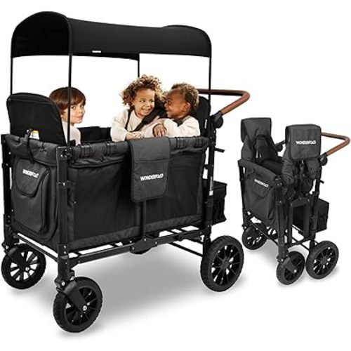 WONDERFOLD W4 Luxe Stroller Wagon (4 Seater) - Collapsible Wagon Stroller with Seats with Magnetic Buckle 5-Point Harnesses and Sun Canopy, Black