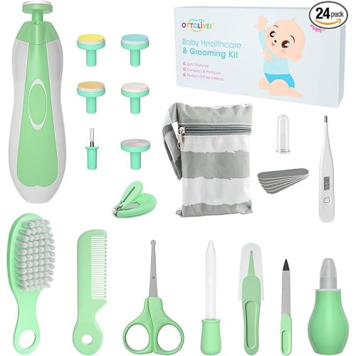 Baby Healthcare and Grooming Kit, 24 in 1 Baby Electric Nail Trimmer Set Newborn Nursery Health Care Set for Newborn Infant Toddlers Baby Boys Girls Kids (0-3 Years+) (Green)