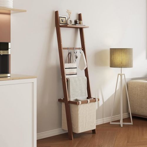 63" Bamboo Blanket Ladder with Shelf, Fabric Storage Basket and 5 Hooks, 4 Tier Leaning Blanket Rack, Farmhouse Towel Ladder Rack, Decorative Quilt Rack Holder for Living Room Bedroom Bathroom, Walnut
