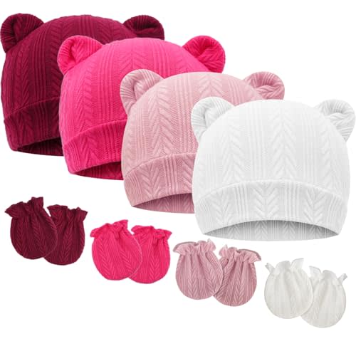 BQUBO Newborn Baby Hats Bear Ears and Mittens Sets Preemie Caps Baby Boy Girl Infant Hospital Beanie for 0-3 Months