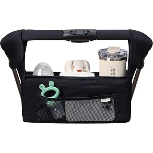 haakaa Universal Stroller Organizer with Insulated Cup Holder - Black, Single Cup Holder, Stroller Caddy with Shoulder Strap & Extra Non-Slip Stroller Hook, Fits Most Strollers