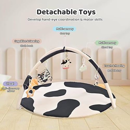 2PM SPORTS Cow Theme Baby Play Mat, Tummy Time Mat for Infant Newborn, Baby Play Gyms & Playmats for 0-3 3-6 6-12 Months, Activity Mat 5 Detachable Toys, Non Slip Gym Mat Easy to Install & Clean