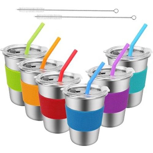 Kids Cups with Lids and Straws, 6 Pack 12oz Spill Proof Stainless Steel Toddler Sippy Cups, Unbreakable Water Tumbler Drinking Glasses for Kids, BPA-Free Reusable Metal Straw Mug for Children Adult