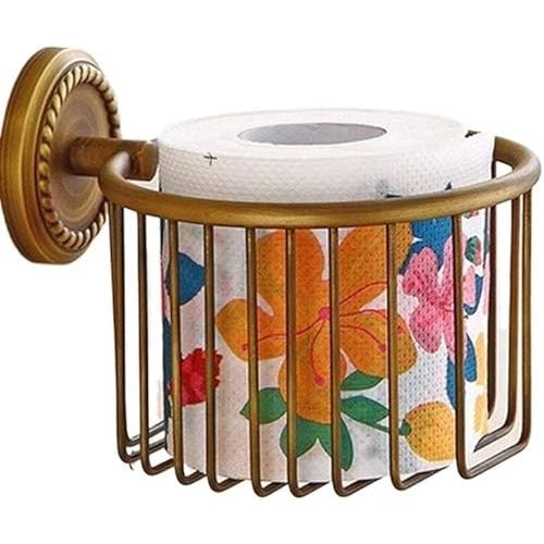 Toilet Roll Holder,Toilet Paper Holder Wall Mounted Vintage Brass Roll Tissue Wire Basket Dispenser Tissue Paper Roll Holder for Bathroom Storage, Bronze